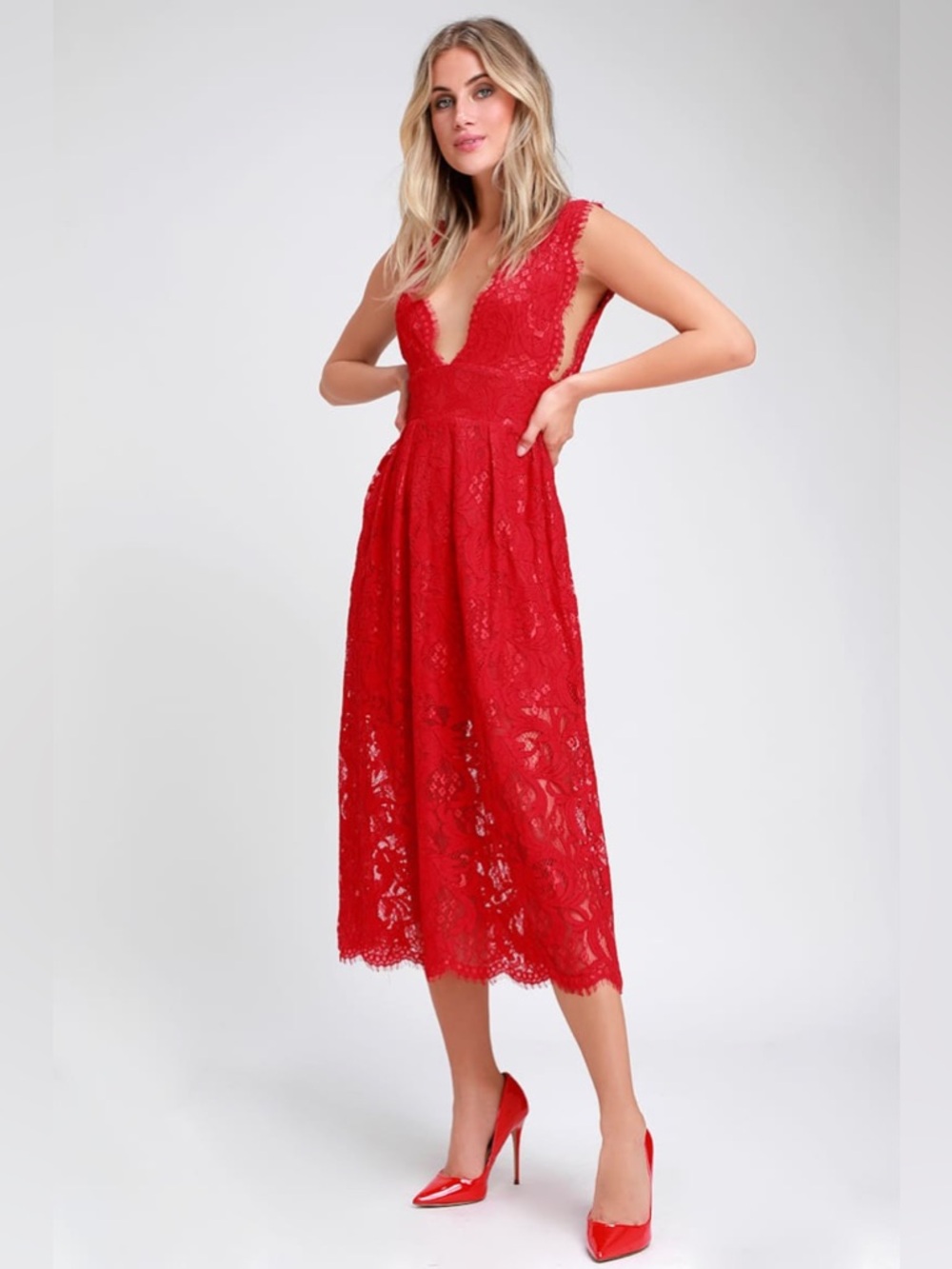 ♥️ LULUs Loft Party Red Lace Sleeveless Midi Dress. Size LARGE. Great Condition!